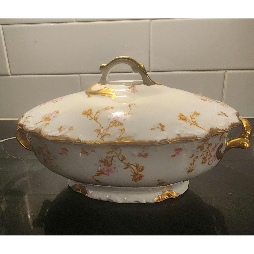 Antique Elite Limoges Tureen Lid Hand Painted French Porcelain Pink Rose Gold